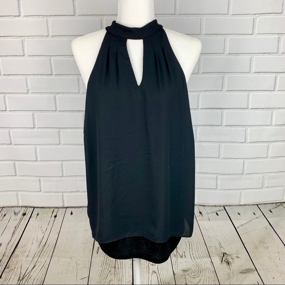 🔥BAR III🔥MOCK-NECK KEYHOLE FLYAWAY LAYERED SLEEVELESS BLOUSE BLACK SMALL NWT - Picture 2 of 4